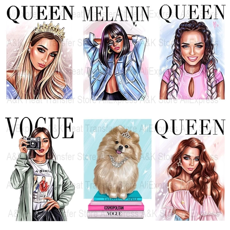 Fashion Girls Queen Hear Transfer Stickers On Clothes Dog Book Iron Patches For Clothing DIY T-Shirts Appliques Thermal Stickers