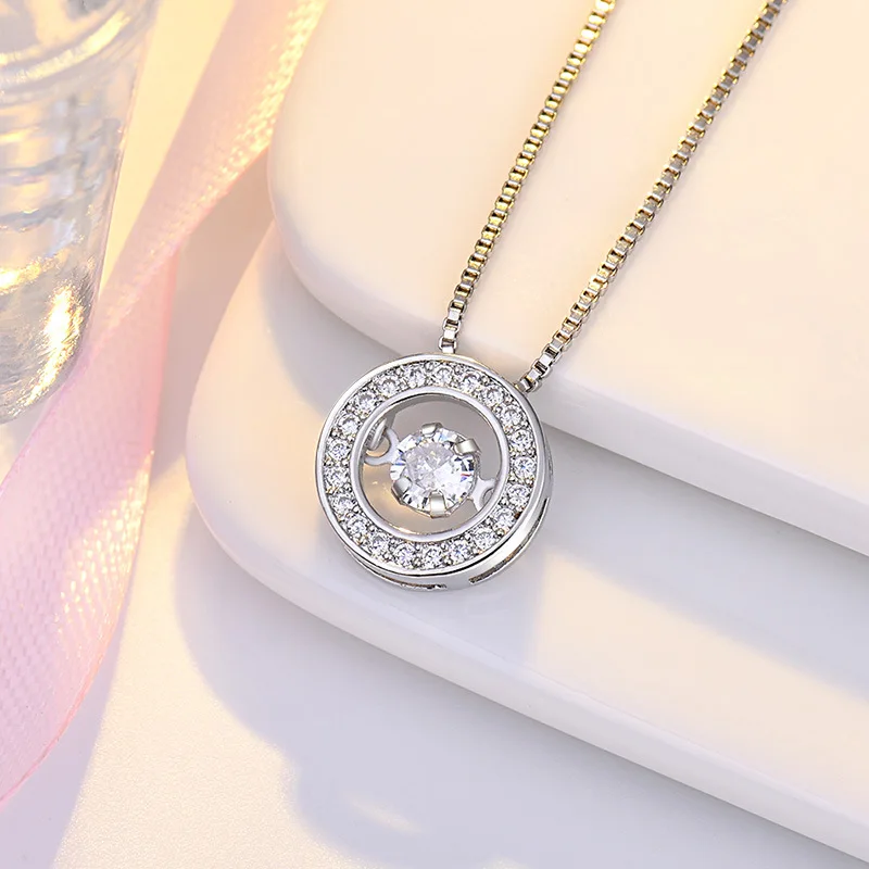 KOFSAC Trendy Dancing Stone Shiny Zircon Simple Round Pendant Lady Jewelry 925 Sterling Silver Necklaces For Women Birthday Gift