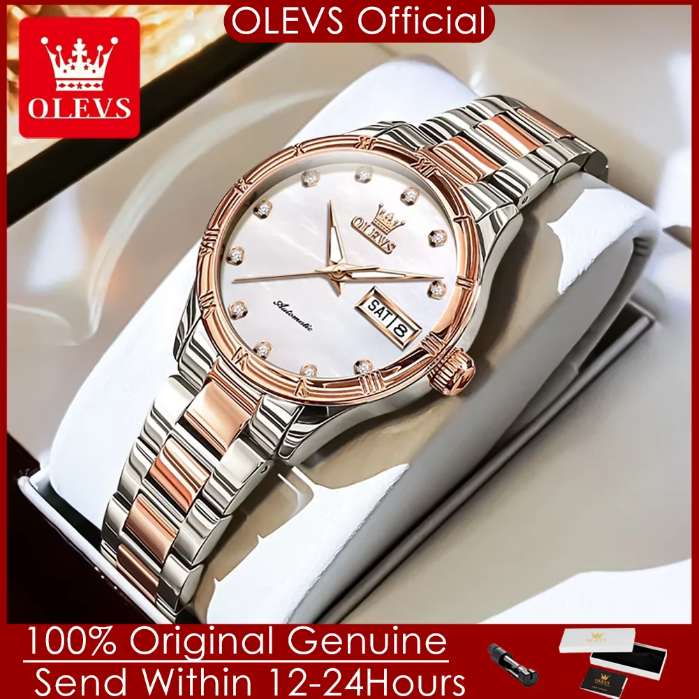 OLEVS Women's Watches Rose Gold Stainless Steel Fully Automatic Mechanical Wristwatch Luxury Diamond Scale Calendar Ladies Watch