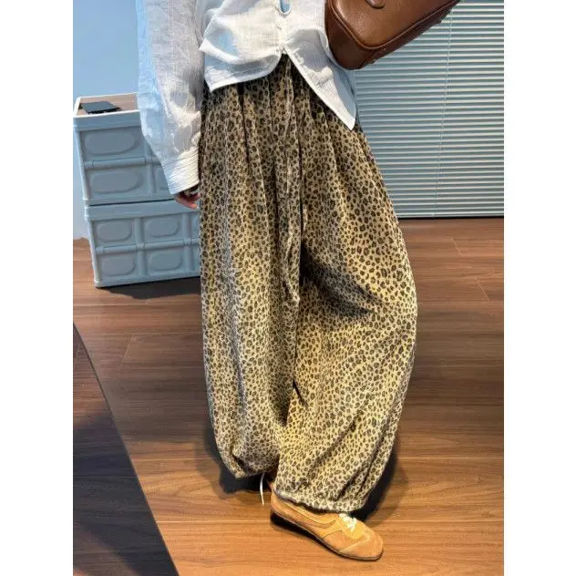 Retro Coffee Leopard Print Wide-leg Pants Women's Summer Large Size Loose Drape Lazy Floor Mopping Drawstring Casual Bloomers