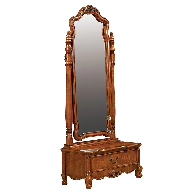 European-Style Solid Wood Dressing Mirror Full-Body Floor Mirror American Country Retro Full-Length Mirror Storage Mirror Cabine