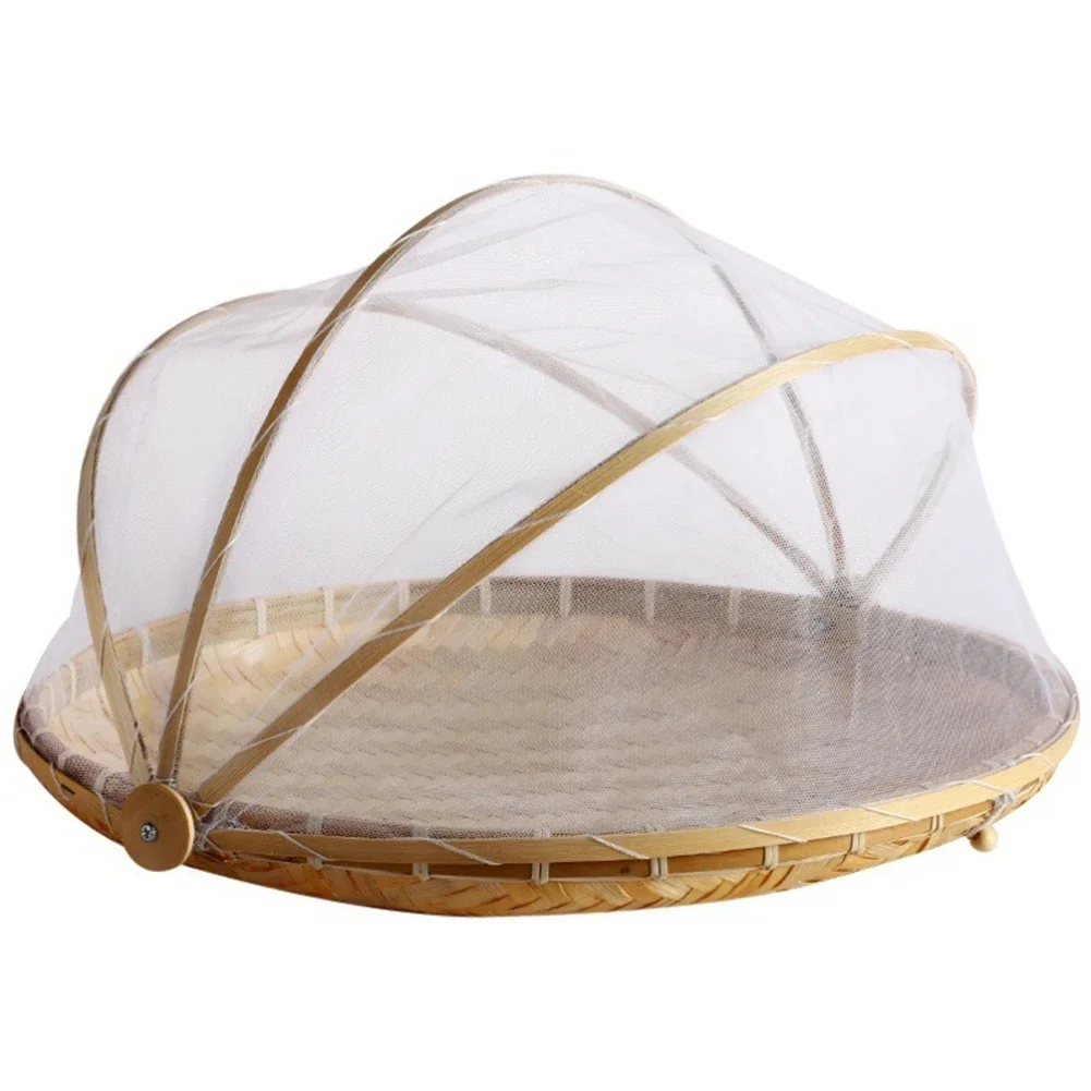 -Bamboo Woven Basket Anti-Mosquito Net Fruit Vegetable Basket Dustpan Tent Basket Tray Portable Outdoor Picnic Mesh Net Covers