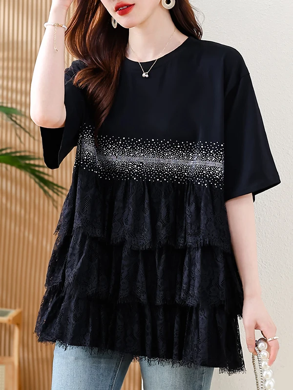 Lässiges Spitzen-Splice Ort Sve Damen-T-Shirt, Sommer, neues Sle Ele-Design, rundes, mittellanges, lässiges Top für Damen