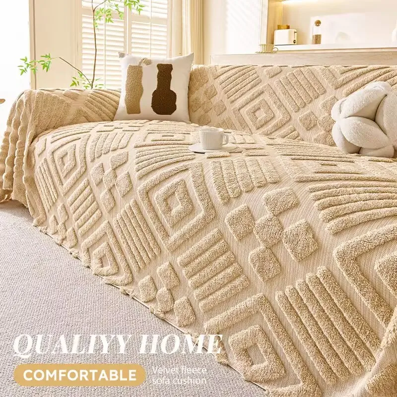 Woven Geometric Coral Fleece Sofa Cover One‑Piece Full Coverage Sectional Sofa Towel Dustproof Wear‑Resistant Easy To Install