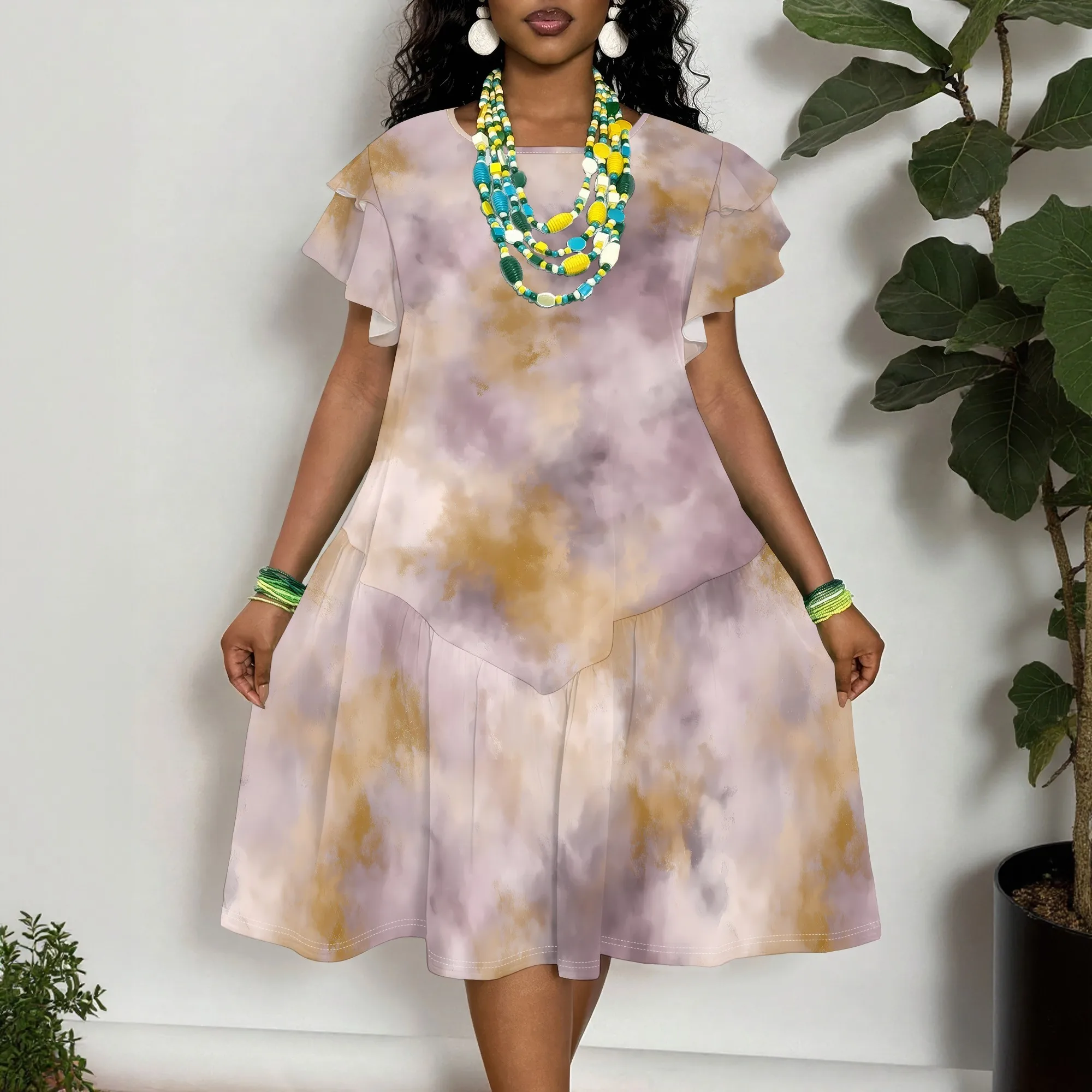 

Women's Tie Dye Print Short Sleeve Dress, Casual Loose Fit Summer Midi Dress with Ruffle Hem