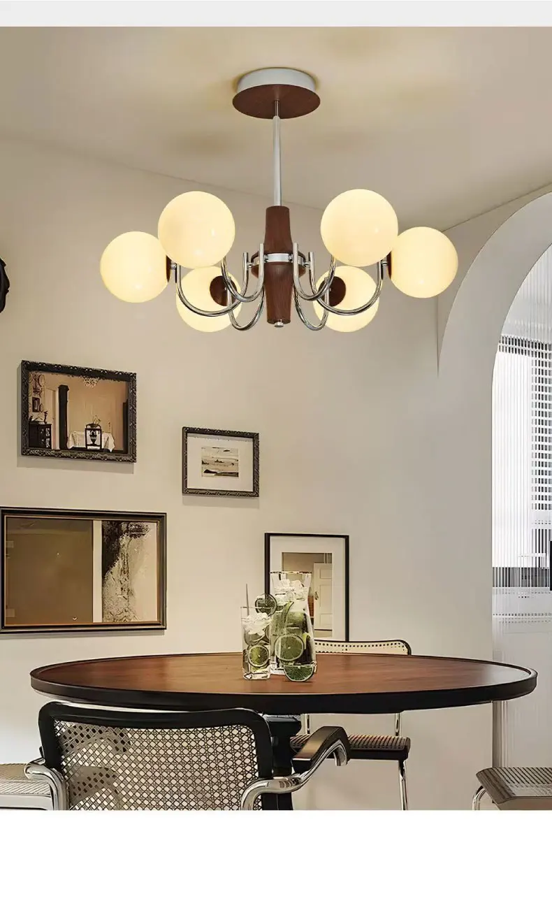 Glass Globe E27 Chandelier Living Room Wood Pendant