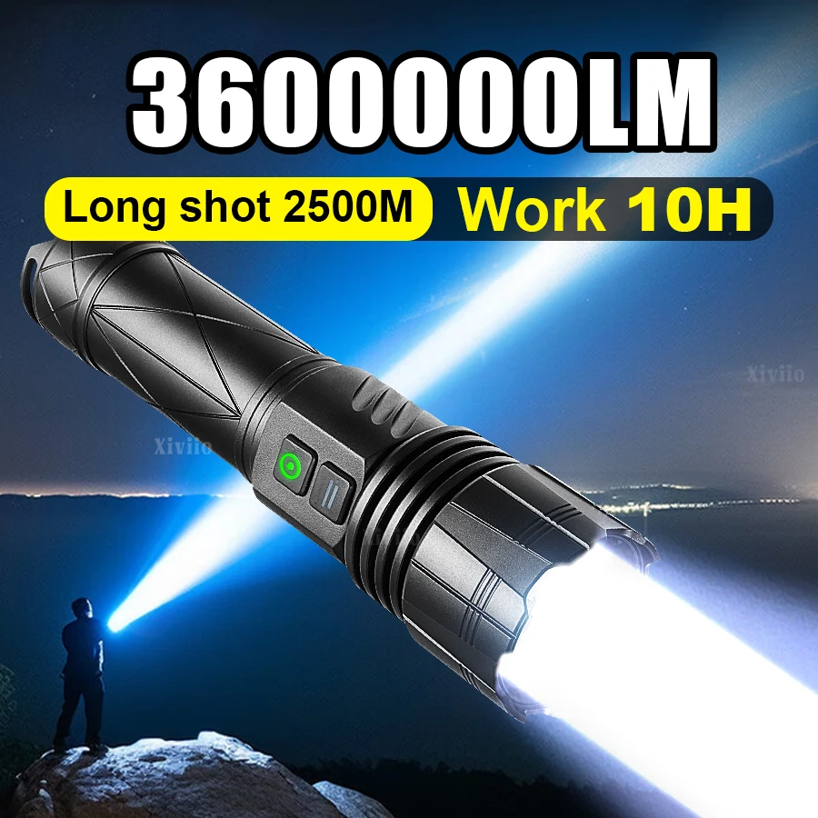 

Суперяркий светодиодный фонарь 3600000LM, мощный водонепроницаемый фонарик с зумом, перезаряжаемая портативная лампа, уличный фонарь для кемпинга