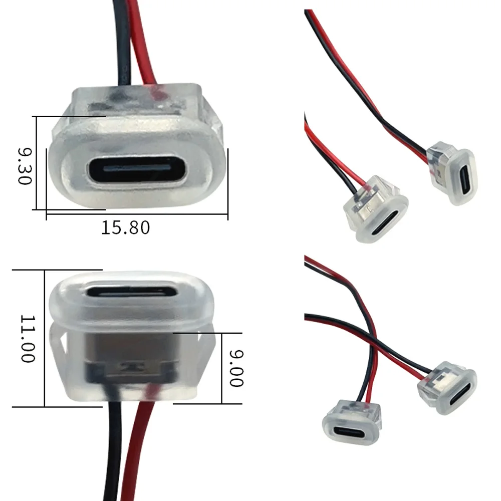 Transparent 2Pin USB-C Type Waterproof USB Connector Direct compression female base Socket Charging Interface With Welding Wire