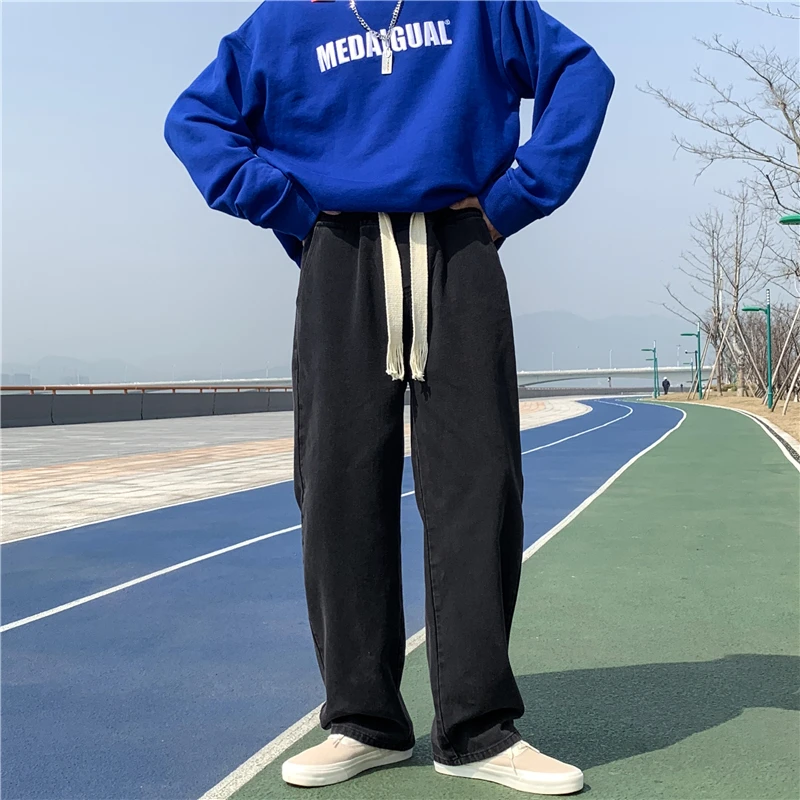 Men's Jeans Korean Loose Straight Wide Leg Jogging Casual Pants 2023 Spring New Street Men's Pants Clothing Black Gray Blue