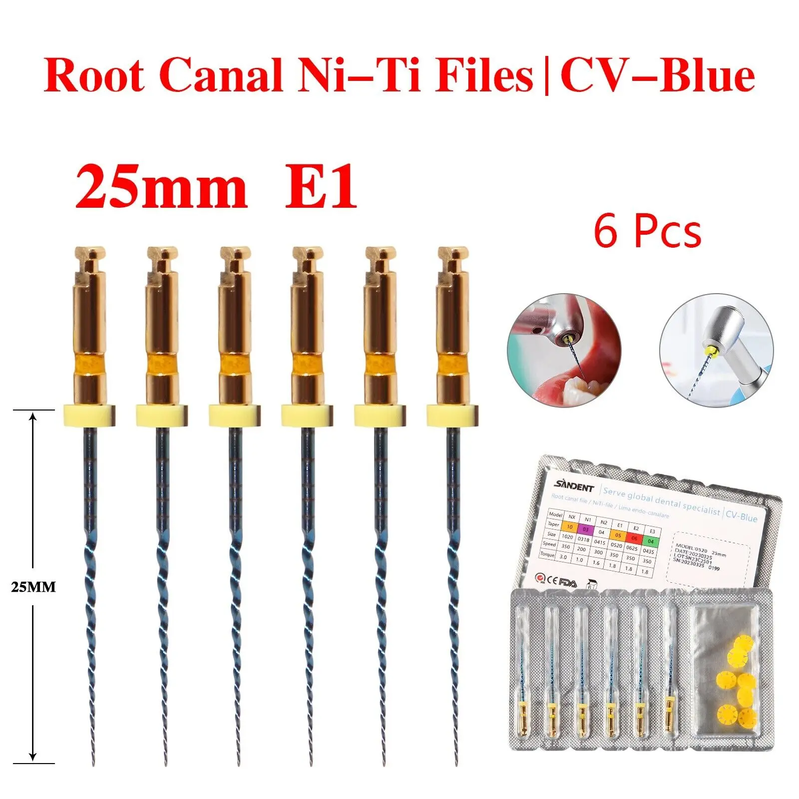 6PCS/1Pack Dental Endo Reciprocating Files Niti Gold File E1 Rotary Root Canal 25MM Flexible