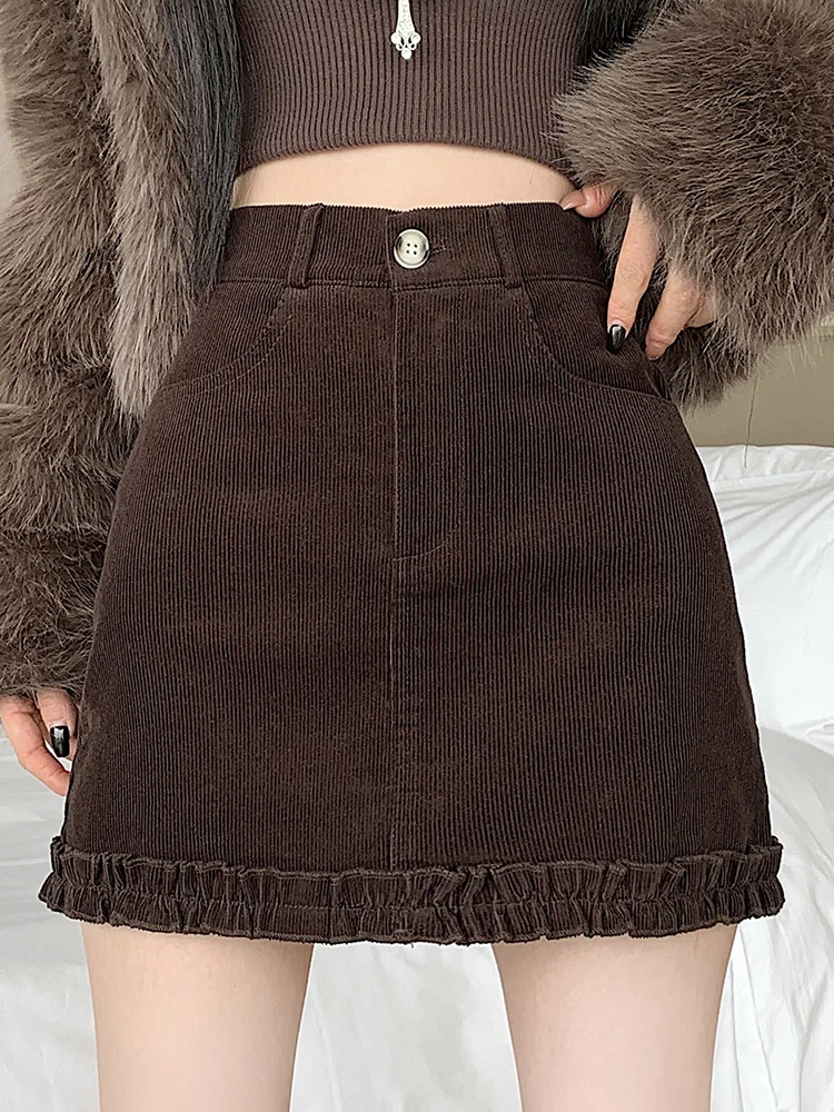 

Corduroy frill trim skirt for women autumn and winter new high waist slim casual and versatile A-shaped hip wrap skirt