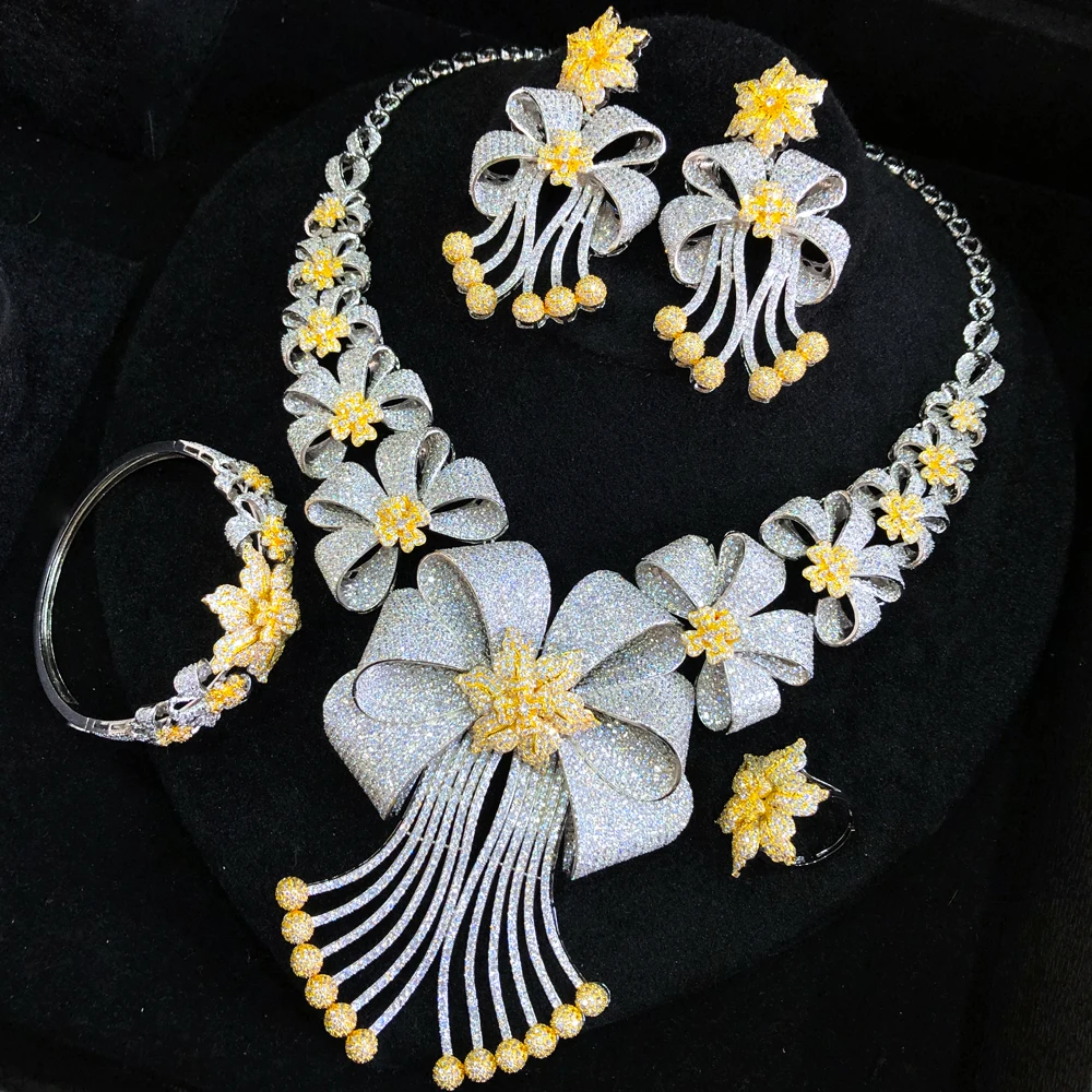 High Quality Original Luxury Romantic Blooming flowers Big Necklace Bracelet Rings Earrings Jewelry Set Bridal Wedding Party