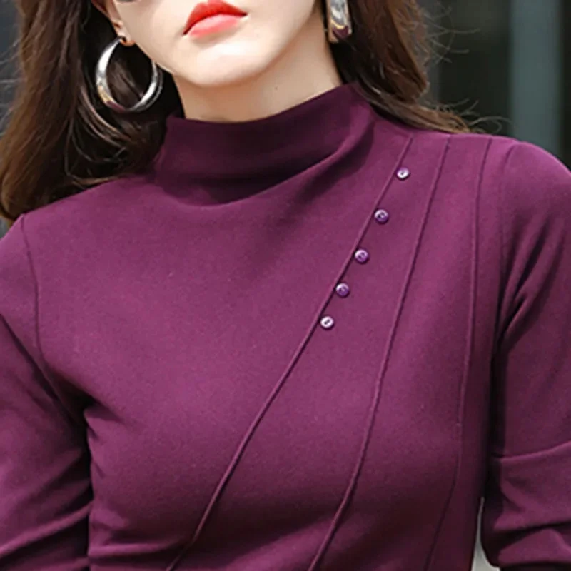 2024 New Female Spring Autumn Half Turtleneck Bottom Shirt Long Sleeve Large Size Slim T-shirt With Middle-aged Mother Warm Top