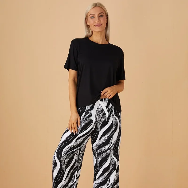 2025 جديد المرأة ملابس خارجية ملابس المنزل بيجامة مجموعة المألوف القطن التباين اللون مريحة قصيرة الأكمام بنطال ذو قصة أرجل واسعة