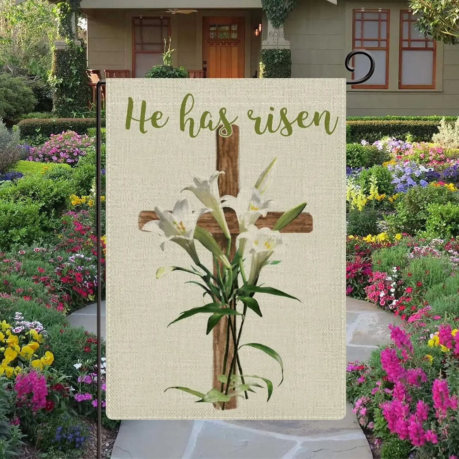 He Is Risen Easter Floral Cross Garden Flag 12x18 Double Sided Funny Holiday Easter Decor Yard Flags Burlap Farmhouse for Ou yyi
