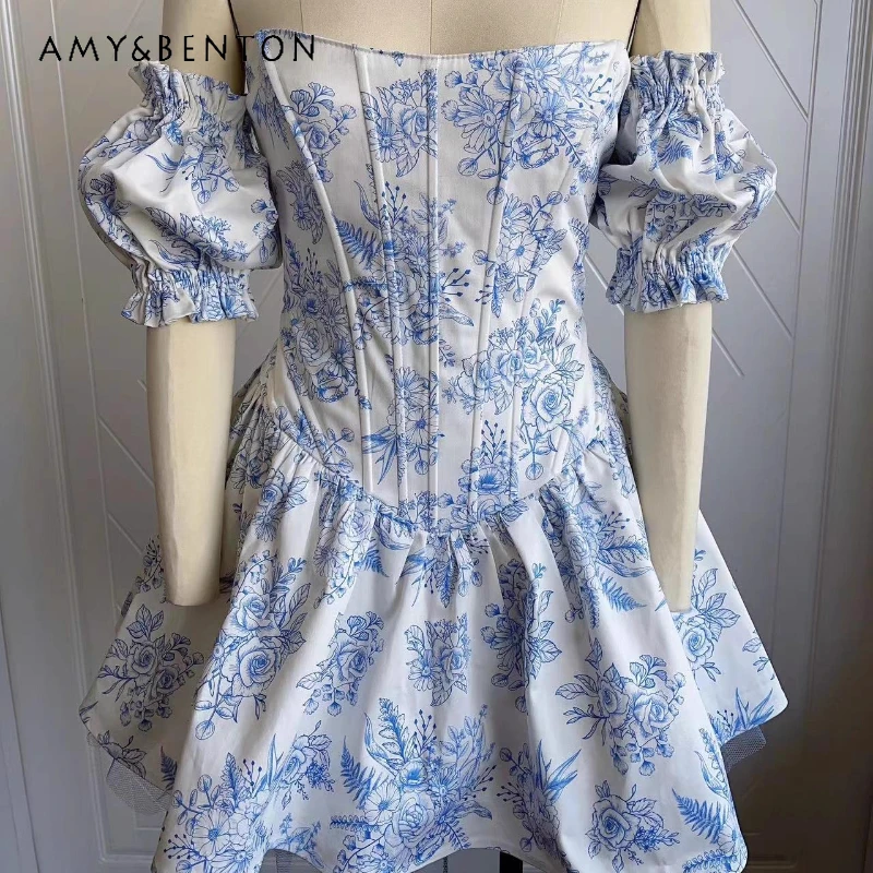 

2025 Summer New Women's Clothing French Short White Sexy Sweet Spicy Style Printed Slimming Y2k Off-Shoulder Cake Dresses Ladies