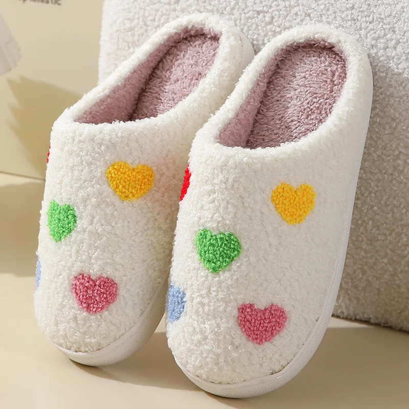 Colorful Love Pattern Home Slippers Woman Winter Warm Soft Sole Plush Slides Woman Comfort Non Slip Indoor Floor Slippers 2024