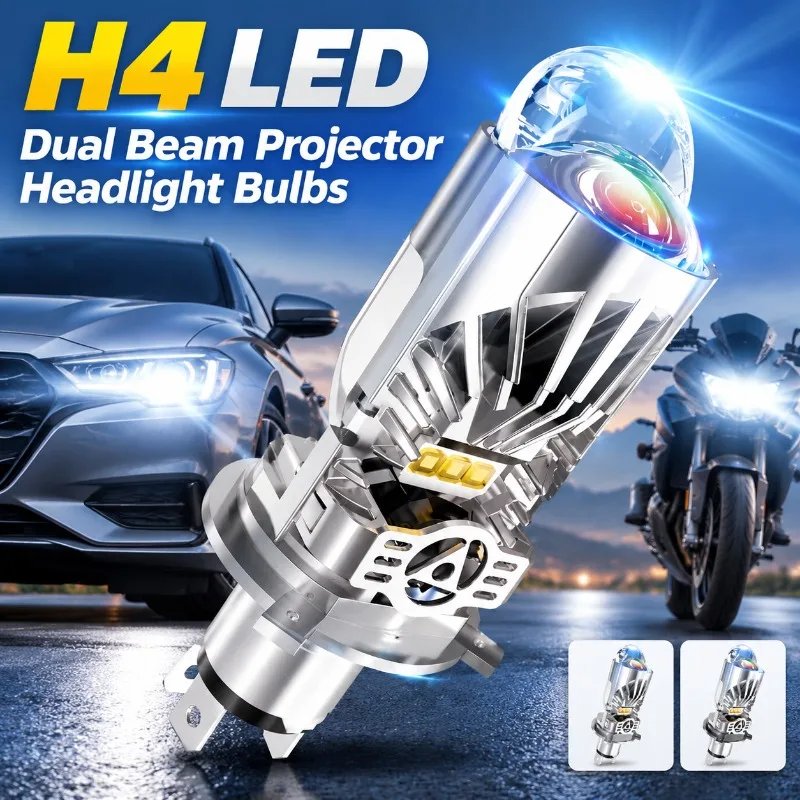 H4 LED Car Headlight Bulbs with Dual Beam Projector Lens, Hi‑Lo Beam Auto Motorbike Replacement Lamp, High Brightness Headlight