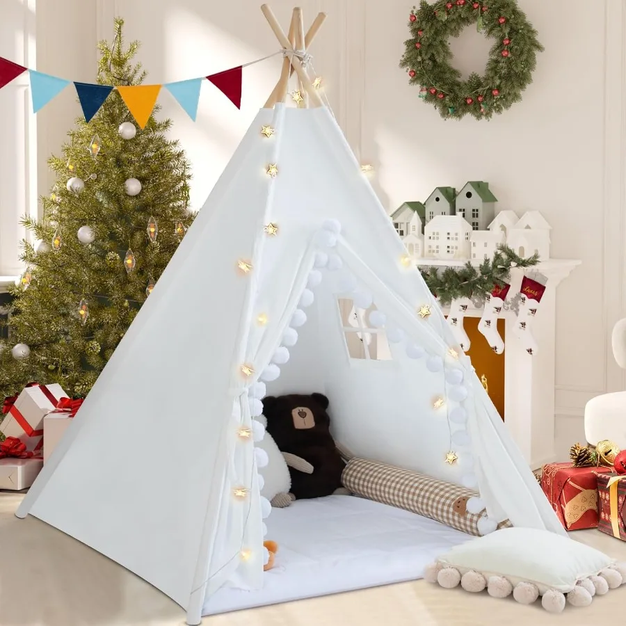 

Indoor Play Tent for with Padded Mat Cotton Canvas Teepee with Pompom and Star Lights for Toddlers Girls Boys Snowman Banner Fl