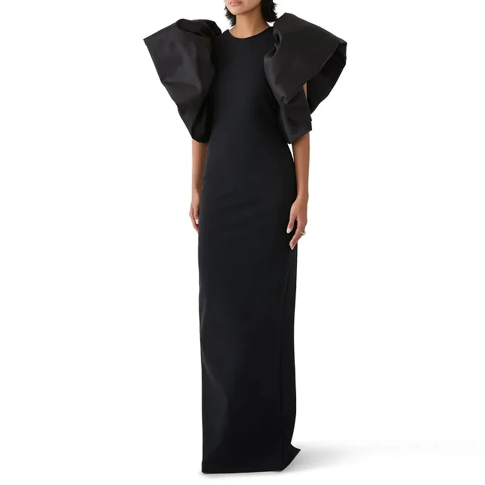 

Modern Black Women‘s Evening Dress Sheath Puff Sleeves Formal Party Gown Floor Length Slit Saudi Arabia Prom Dress