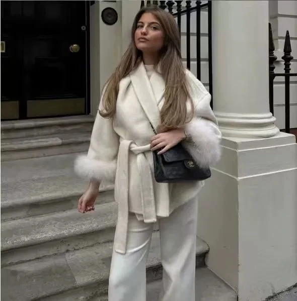 

Elegant Socialite Lace Up Woolen Coat Solid Loose Lapel Furry Belt Long Sleeve Jacket Female Autumn Winter Lady Chic Cardigan