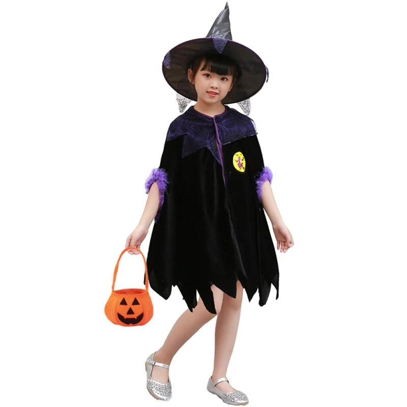 2Pcs Kids Halloween Clothes Unisex Witch Cosplay Cloak+Witch Hat Costume Carnival Party Prom Performs Dressing Up Dress Cape