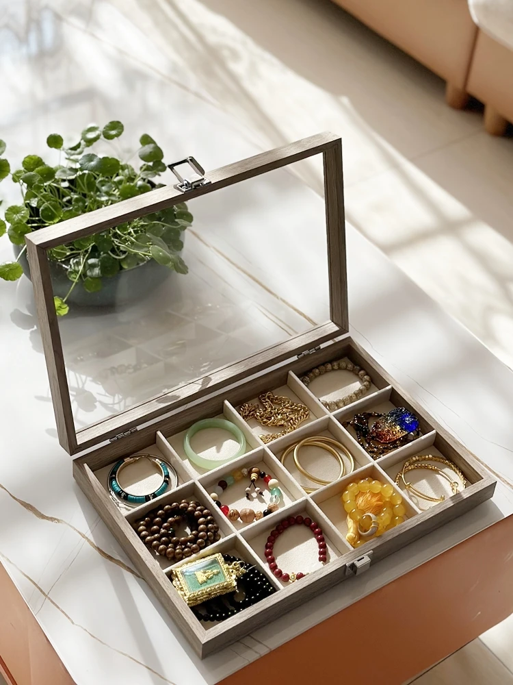 

Высококачественная деревянная шкатулка для драгоценностей с прозрачной стеклянной крышкой, большая коробка для колец, сережек, подвесок, органайзер для хранения браслетов