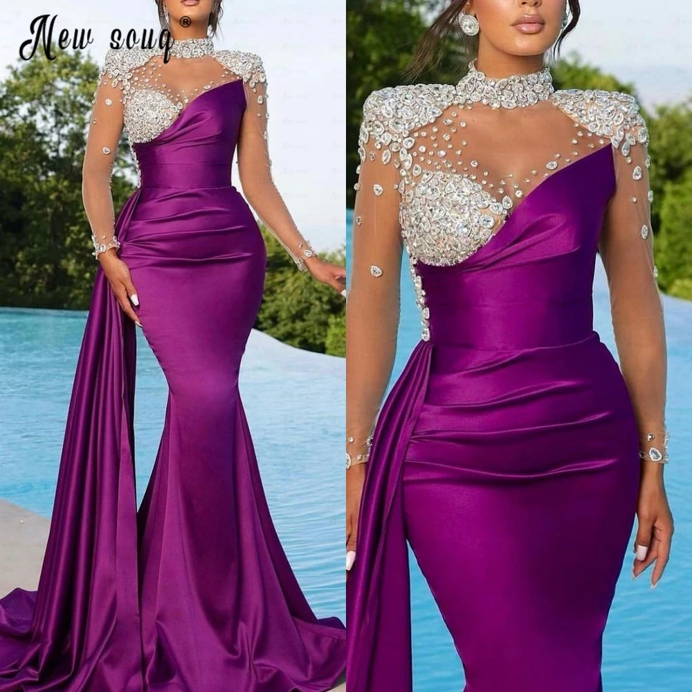 Elegante Moslim Zeemeermin Zijtrein Avondjurk Doorschijnende Hals Lange Mouwen Trouwfeestjurken Haute Couture Formele Prom Jurken