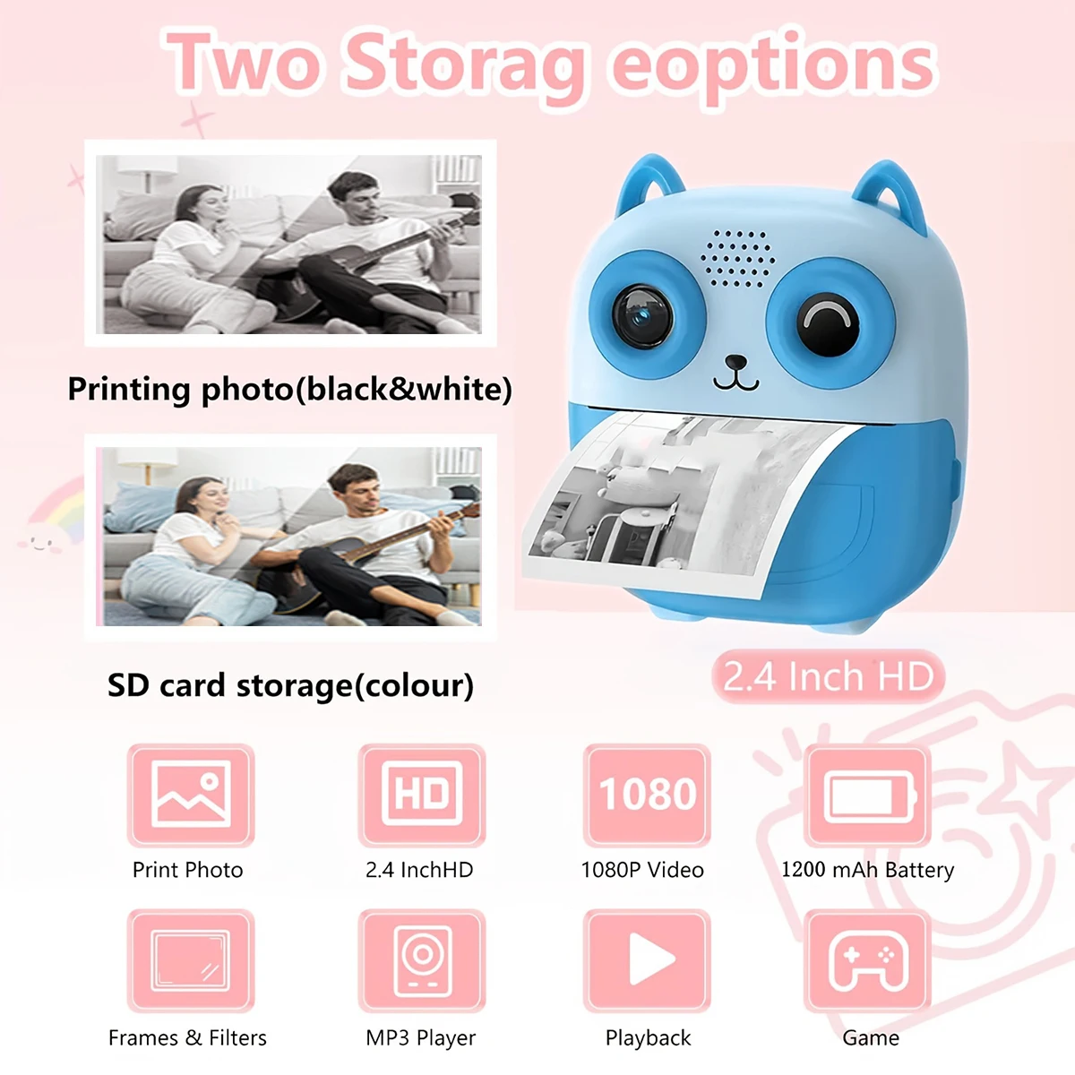 Cute Shape Instant Print Camera, 1080P HD Dual-Lens Camera Instant Print, Comes with Rolls of Thermal Printing Paper