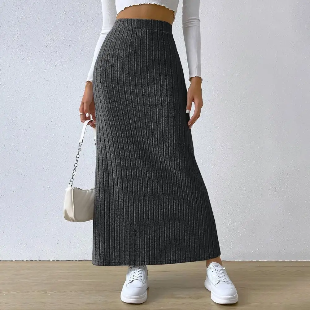 Solid Color Long Skirt Striped High Waist Knitted Maxi Skirt for Women Warm Winter Ankle Length Sheath Skirt with Split Hem Slim