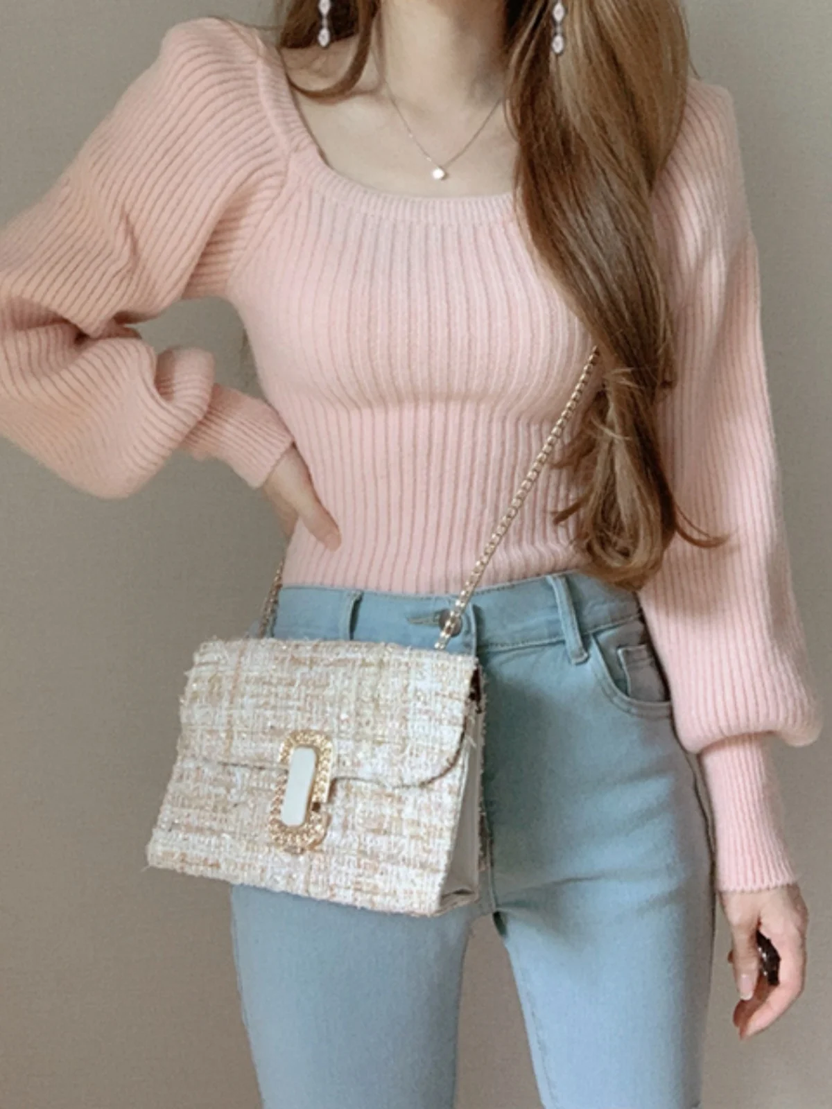 Design rétro Chic haut tricoté femmes Long Sve Bubble Sve pull col carré paresseux Sle Faionable automne hiver Cl...