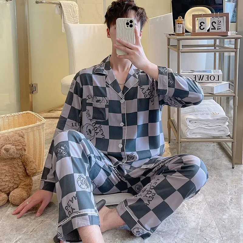 Male Sleepwear 2024 New Spring Autumn Men Cotton Silk Long Sleeve Thin Pajamas Set Casual Large Size Fashion Plaid Homewear Suit