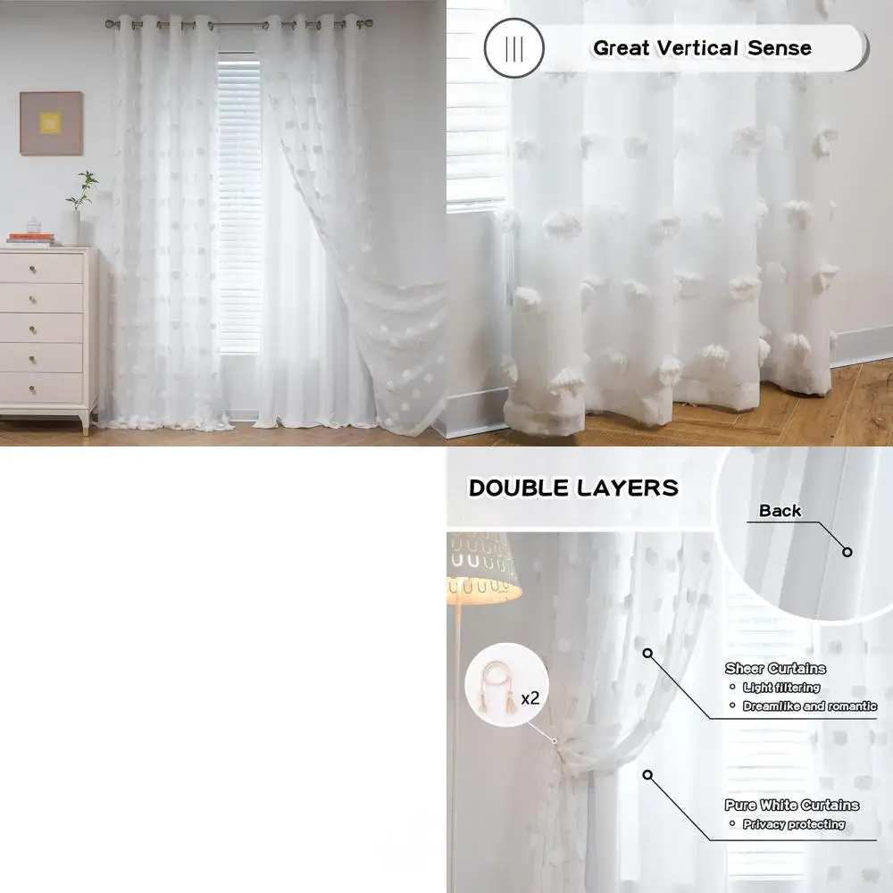 

Двухслойные полупрозрачные шторы с помпонами, 84 дюйма в длину, белые, с люверсами для затемнения комнаты, 52 дюйма в ширину x 84 дюйма в длину