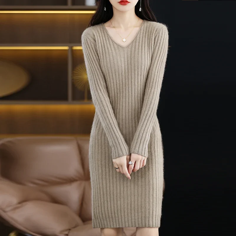 2023 Mink Cashmere Sweater Ladies V-Neck Solid Color Long Knit Skirt Pullover Sweater Autumn And Winter New Bottoming Dress