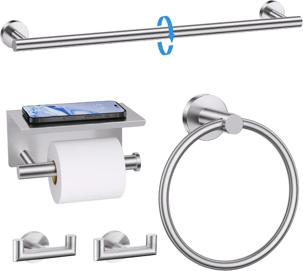 

5-Piece Brushed Nickel Bathroom Hardware Set with Towel Bar, Toilet Paper Holder & Shelf, Wall Mounted, 23.6 Inch