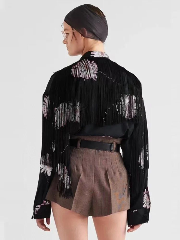 Vintage print heavy process patchwork fringe lapel loose shirt 2024 autumn women's new fashion all-match straight down shirt