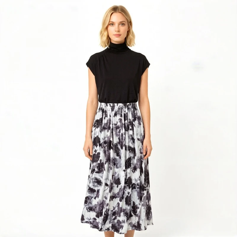 100% Mulberry Silk 16 Momme Crepe Silk Black Gray Ink Printed Side-slit Women Midi Skirt Summer M1678