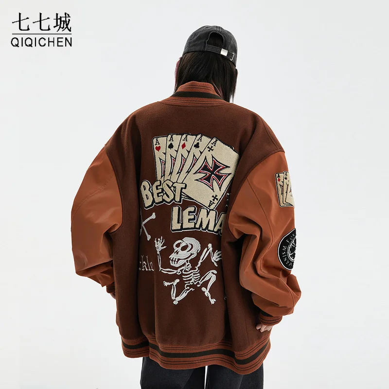 

Hiphop Baseball Jacket Men Women Skeleton Playing Cards Embroidery Harajuku PU Sleeve Street Varsity Jacket Autumn Bomber Coat