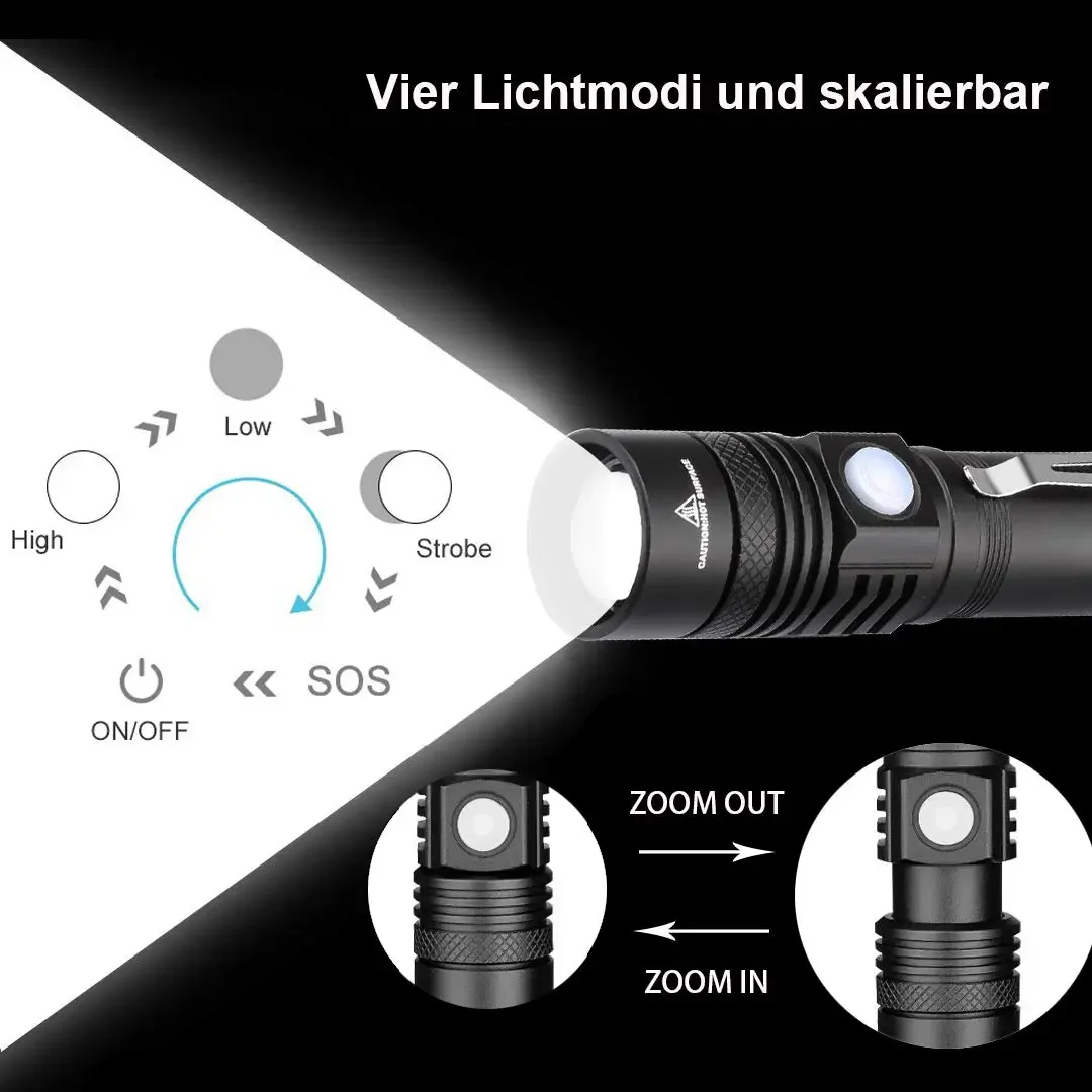 Lampe de Poche LED en Alliage d'Aluminium, Torche Portable, Rechargeable par USB, Étanche, pour l'Extérieur, le Camping