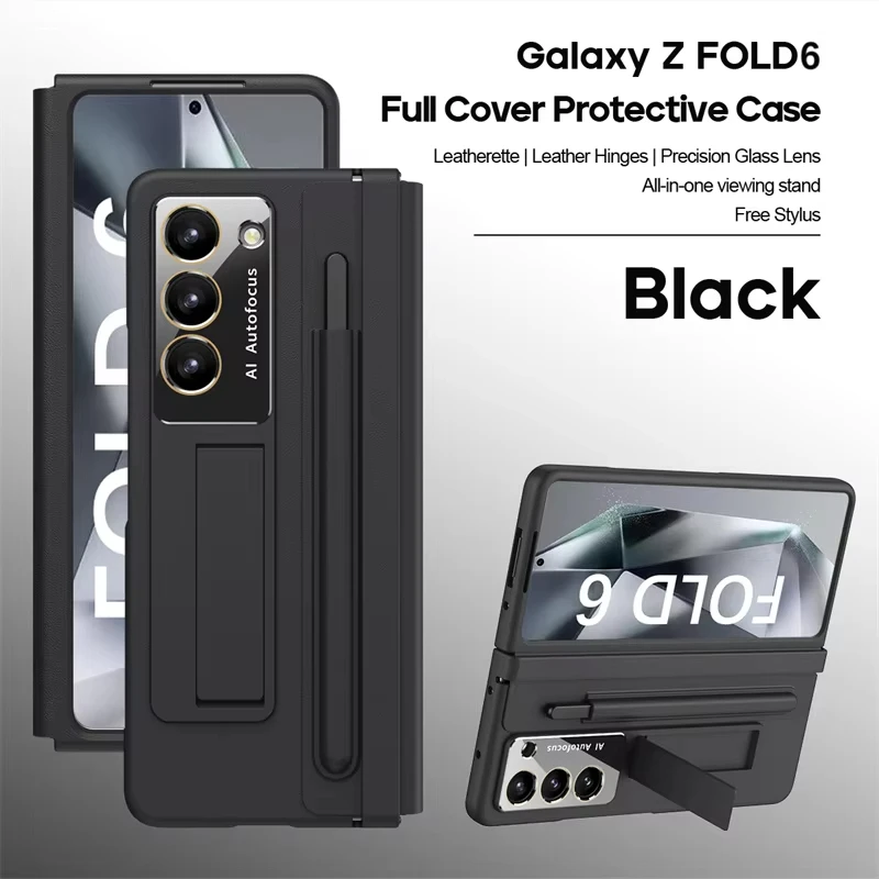 

Fully Protected Leather Stand Shockproof Phone Case For Samsung Galaxy Z Fold 6 5 4 Screen Tempered Film With Pen Slot Touch Pen