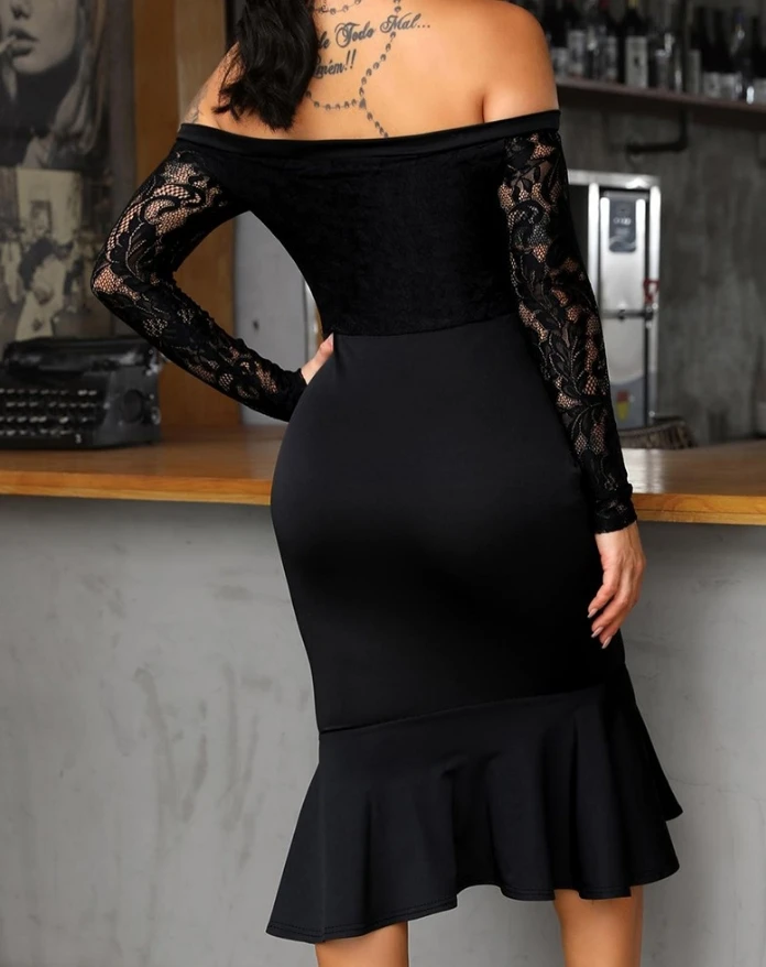 Women's Sexy Elegant Party Dress for Autumn Winter Latest 2024 Off Shoulder Lace Insert Ruffles Bodycon Maxi Dress Long Skirt