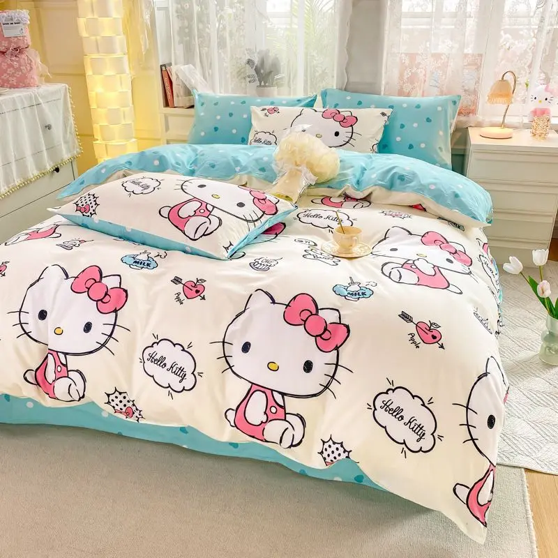 New Hello Kitty pure cotton four-piece set for children, cute and creative three-piece fashion bedding set for girls dormitory