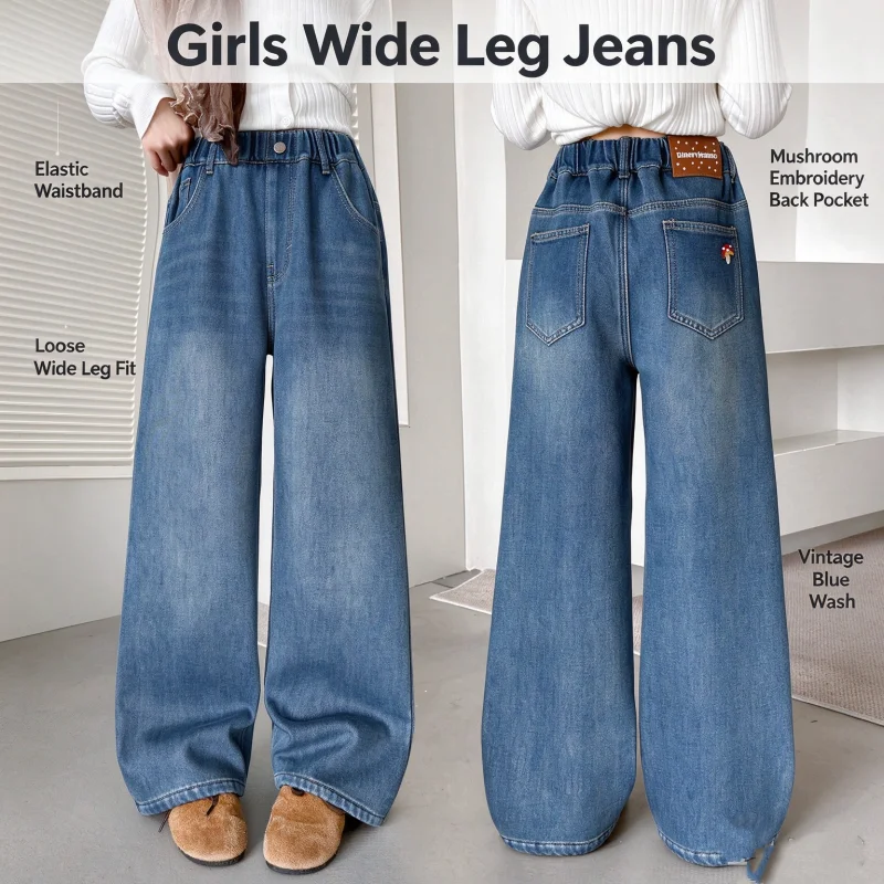 Girls Fleece Lined Wide Leg Jeans Vintage Denim Mushroom Embroidery Elastic Waist Winter Casual Pants For 6-16YEasy Easy care-