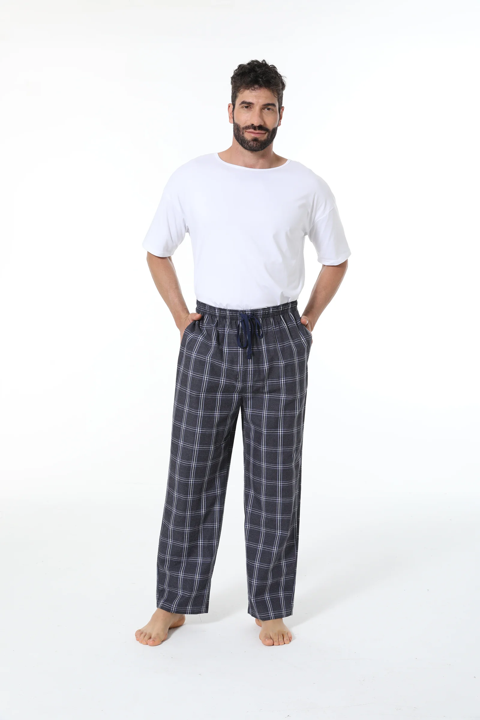 3pcs Men's Pajama Pants Autumn Simple Plaid Pattern Casual Cotton Sleepwear Trendy Elastic Waistband Home Pajama Bottoms