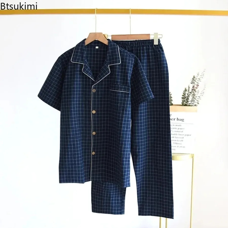 

High-quality Pajama Suit New Men's Homewear Two Pieces Fashion Simple Short Sleeve and Pants Men Japanese Plaid Lounge Nightwear