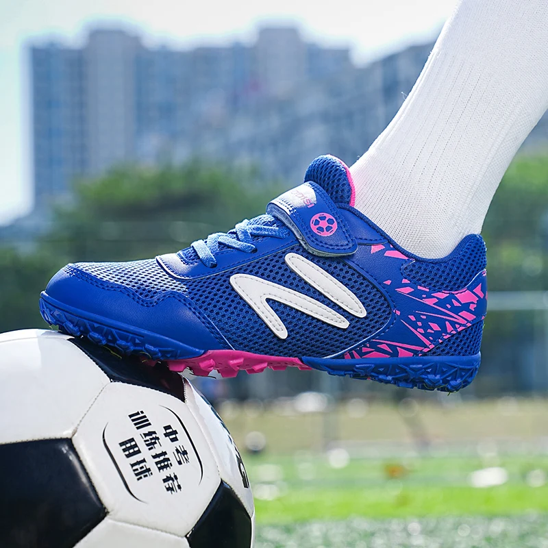 

New Mesh Breathable Soccer Shoes Kids TF Spikes Magic Tape Football Cleats