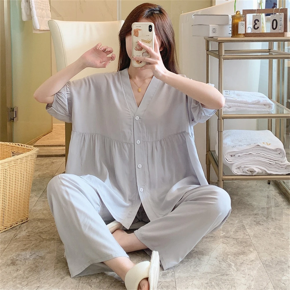 Women\'s Casual Short Sleeves Pants Pajamas Set Spring Summer Thin Loose Large Size Ladies Home Clothes Two-piece Sleepwear Suit