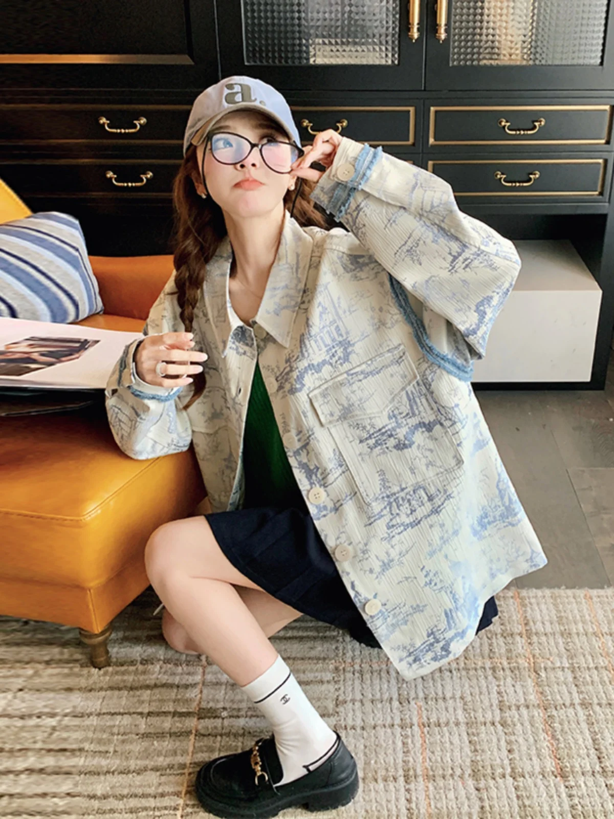 

Retro Print Short Shirt Jacket Women's Casual Fashionable Early Spring Autumn New Style Straight Cut Long Sleeve Collar