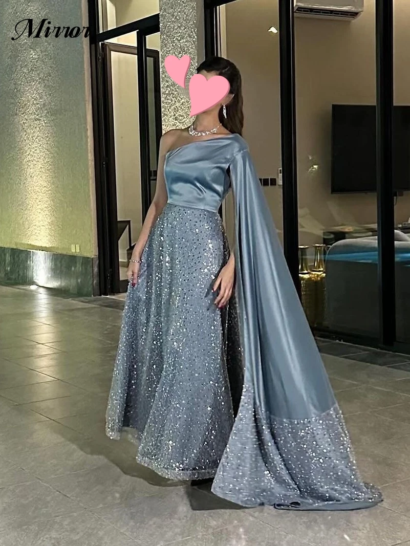 

Mirror Dress Elegant Vintage Sweet Blue Satin Shiny Lace One Shoulder Customize Formal Occasion Prom Dress Evening Party Gowns