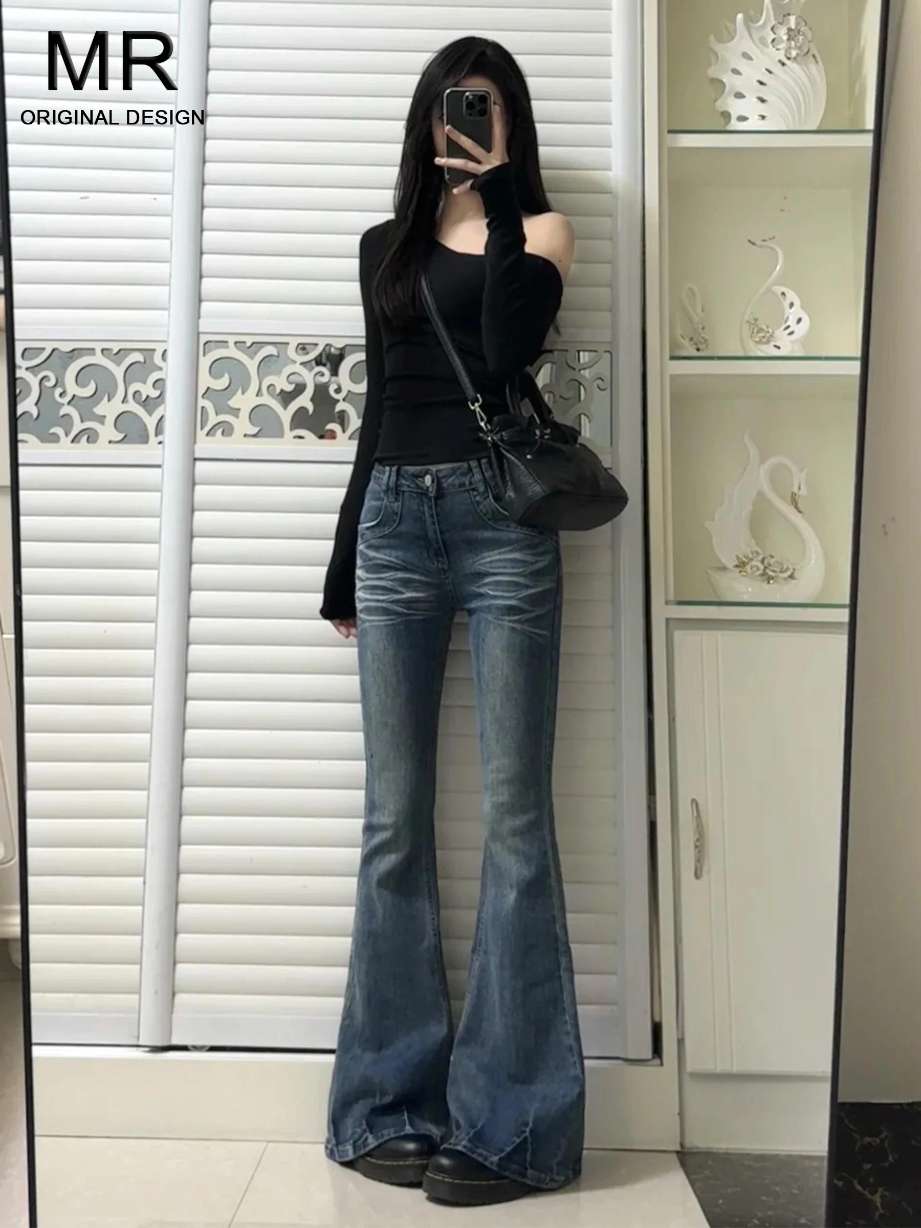 

Женские джинсы с эффектом потертости в стиле ретро, новинка 2026 года, облегающий крой, эластичные, в пол, расклешенные, повседневные, в американском стиле